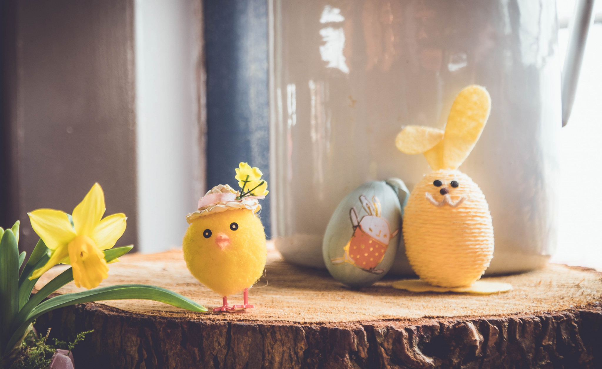 Chick model, painted egg and bunny made out of an egg