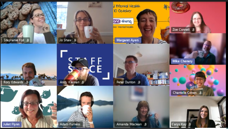 Screen shot of HR&OD Microsoft Teams meeting. Shows people from the HR&OD team with their cakes and cups of tea/coffee/water.