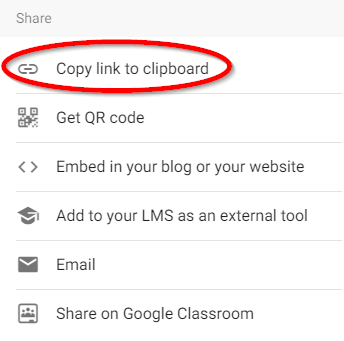 Padlet share options menu with the copy link to clipboard option highlighted.
