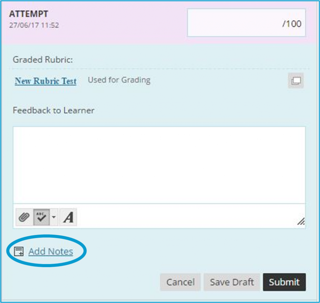 screen image of the feedback area in Blackboard Assignments with the Add Notes highlighted.