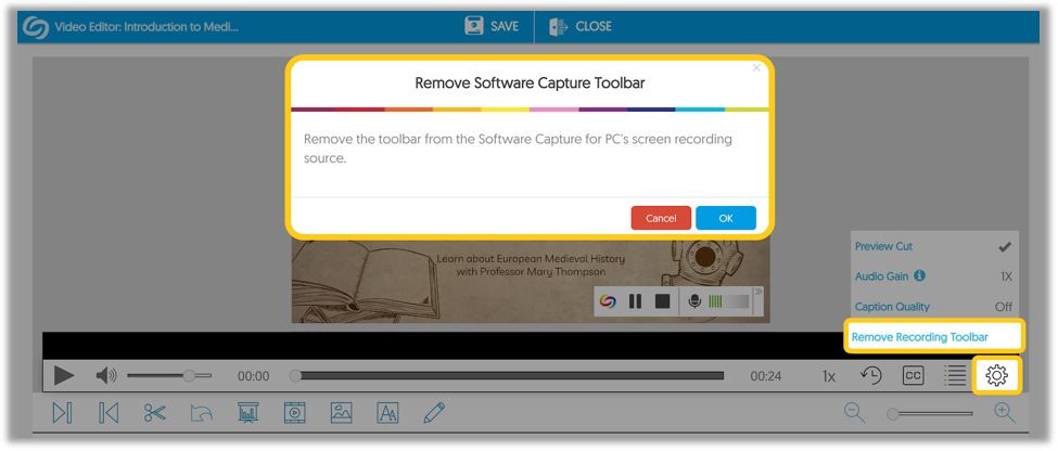 screen image showing the remove software capture toolbar oiption window