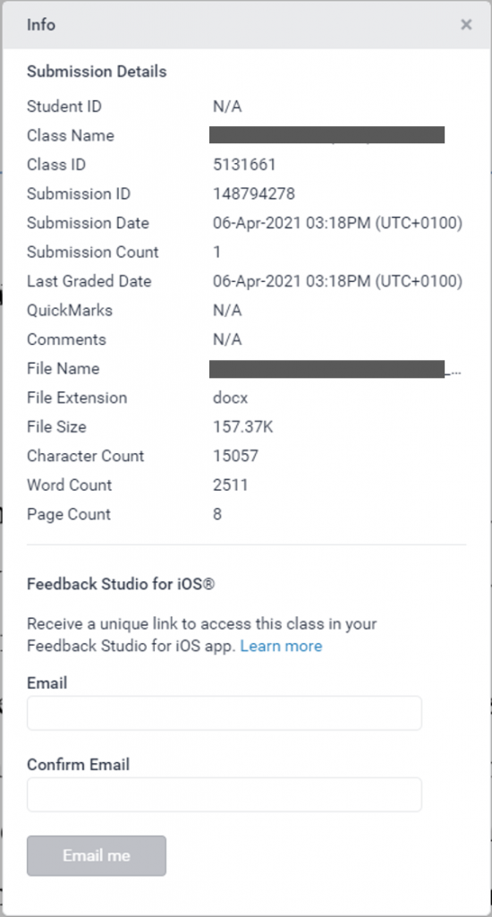 The 'Info' box within a Turnitin Assignment, featuring the 'Feedback Studio for iOS' section at the bottom.