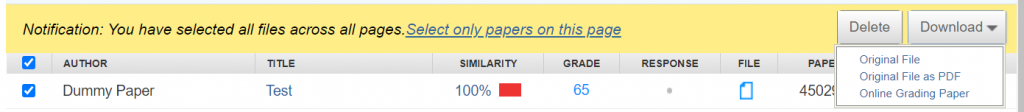 Once papers have been selected, a yellow notifications banner will appear with the option to 'Download' papers to the right.