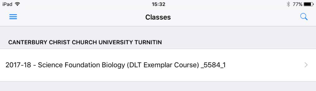 The 'Classes' list in the Turnitin iPad app.