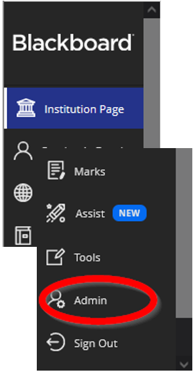 screen image of the base navigation menu highlighting the admin link