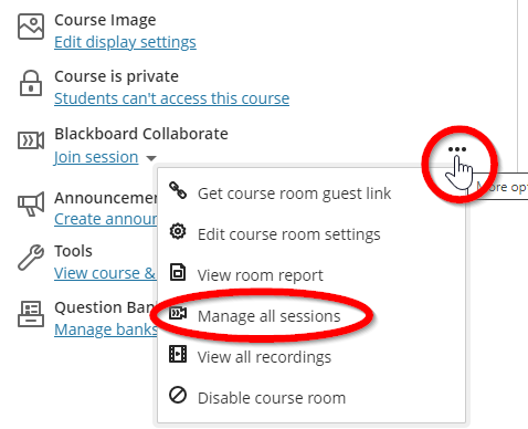 screen image showing the drop-down menu for Collaborate managing sessions