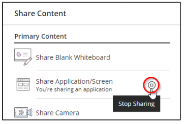 Screen capture of the stop sharing icon in the share content panel of Collaborate