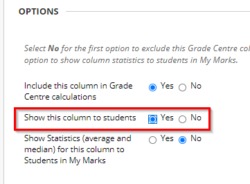 Screen image showing the Options area of the edit column information to show a grade centre column to students