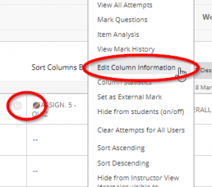 Grade Centre column drop-down menu highlighting the edit column information