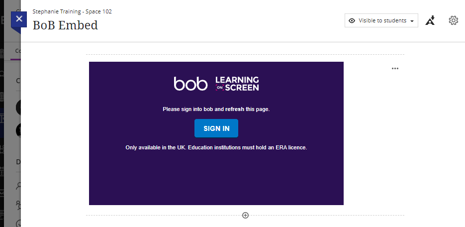screen image showing how the BoB embed appears on Blackboard Ultra
