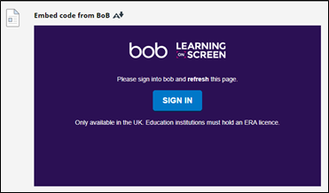 Screen image of how embedded content from BoB appears in Blackboard when the viewer isn't already signed in to BoB.