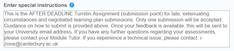 Screen image of the Special Instructions box found under the Optional Settings of an After Deadline Turnitin Assignment.