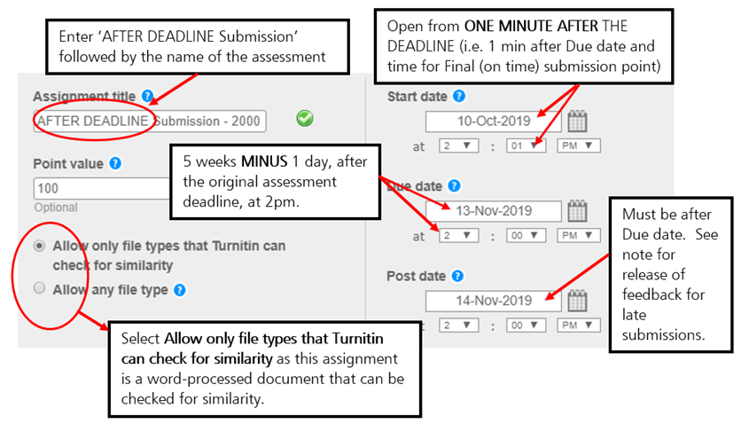 Screen image of initial settings for an After Deadline Standard Turnitin Assignment which returns a Similarity Report.