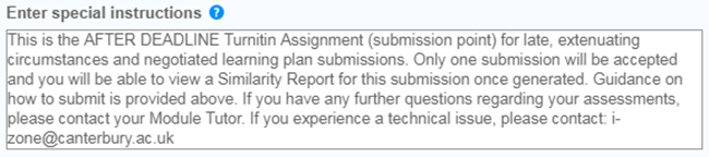 Screen image of the Special Instructions box found under the Optional Settings of a After Deadline Turnitin Assignment.