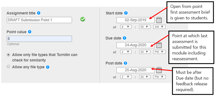 Screen image of initial settings for a Standard Turnitin Draft Assignment which returns a Similarity Report.