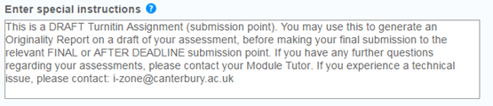 Screen image of the Special Instructions box found under the Optional Settings of a Draft Turnitin Assignment.