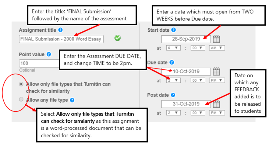 Screen image of initial settings for a Standard Turnitin Assignment which returns a Similarity Report.