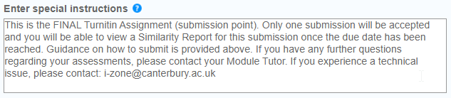 Screen image of the Special Instructions box found under the Optional Settings of a Turnitin Assignment.