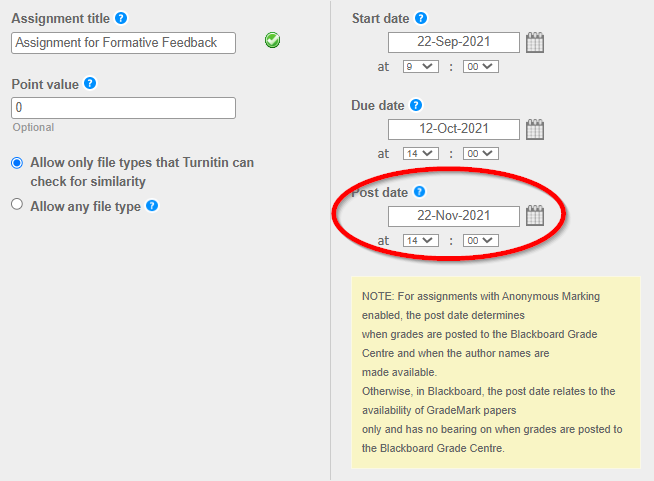 Screen image showing the dates option for setting up a Formative Feedback Turnitin Assignment