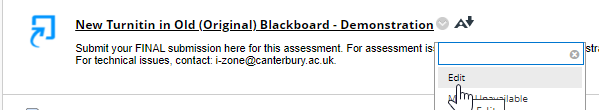 screen image showing how to navigate to the edit option for a new Turnitin Assignment built in an Original Blackboard