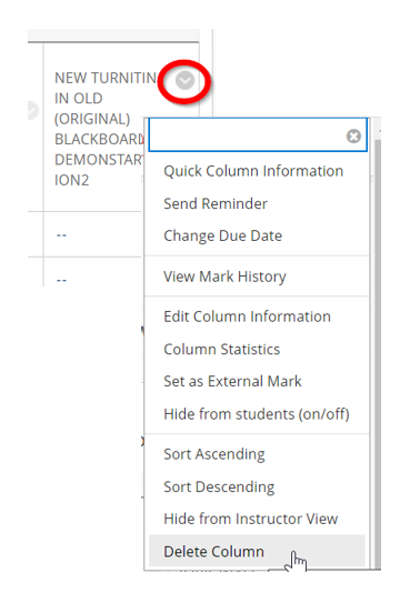screen image showing the delete column option in Blackboard Original Full Grade Centre.