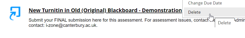 screen image showing a new Turnitin Assignment in an Original Blackboard with the delete option highlighted