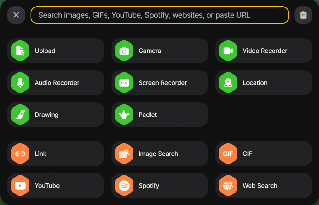The media options available when creating a post on Padlet. These appear as a grid along with a search box at the top for quickly browsing for images, GIFs, etc.