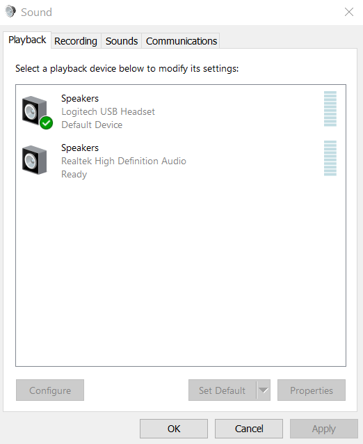 Screen image showing the playback tab in the sounds set up window