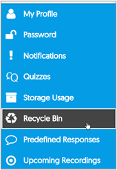 side menu that appears to the left side of the my profile screen with the recycle bin option selected