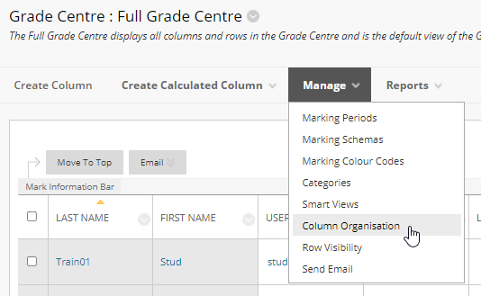 screen image showing the Manage Column Organisation drop down menu in Blackboard Grade Centre