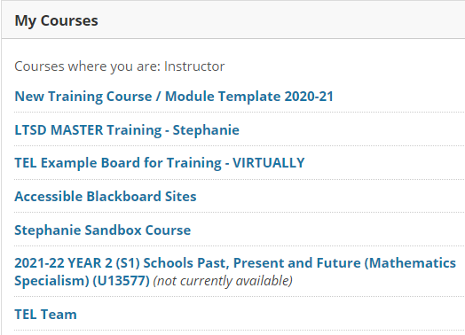 screen image of the my courses list in Blackboard