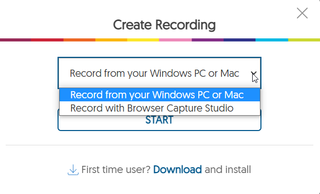 Create Recording window An image of the small window that appears when the user selects to create a recording.