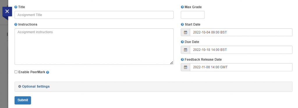 Screen image showing the Title, Instructions and Dates fields for setting up a Turnitin Assignment