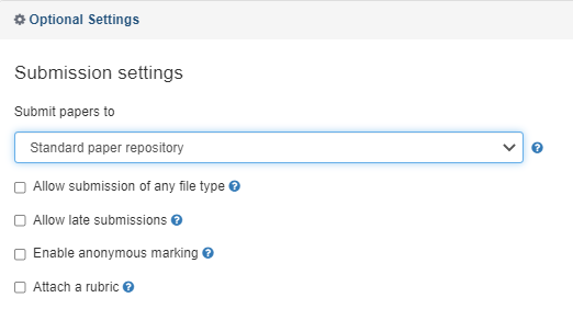 Screen image showing the submission settings in Turnitin
