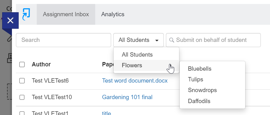 Screen image of the all students drop-down menu displaying the groups