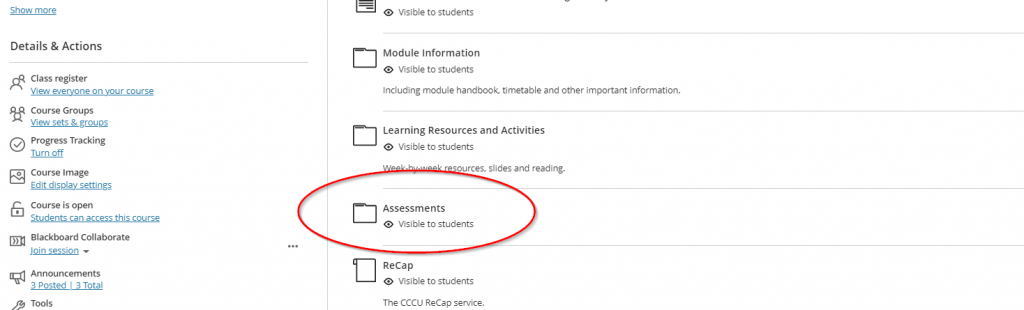 Screen image showing the Assessment folder in a Blackboard Ultra Course Content area