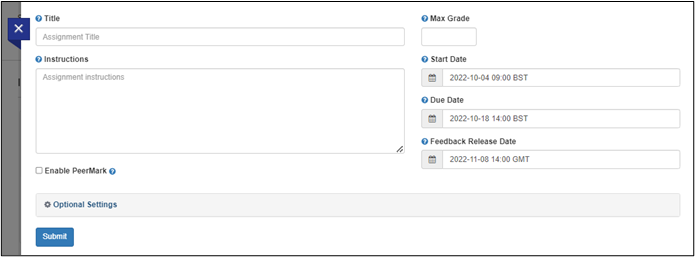 Turnitin set up first screen showing the title and instructions fields together with mark grade, dates and optional settings.
