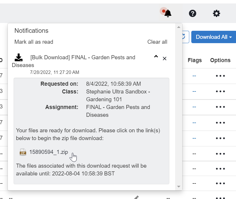 screen image of the notifications message in Turnitin