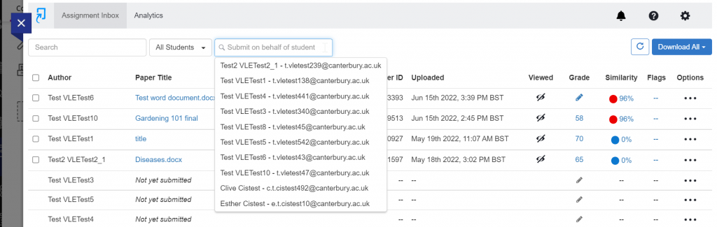 Screen image showing the Turnitin Assignment inbox with the submit on behalf of a student drop down list showing.