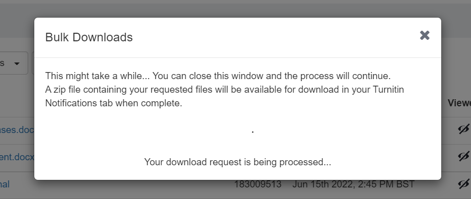 Screen image of the bulk download message that appears