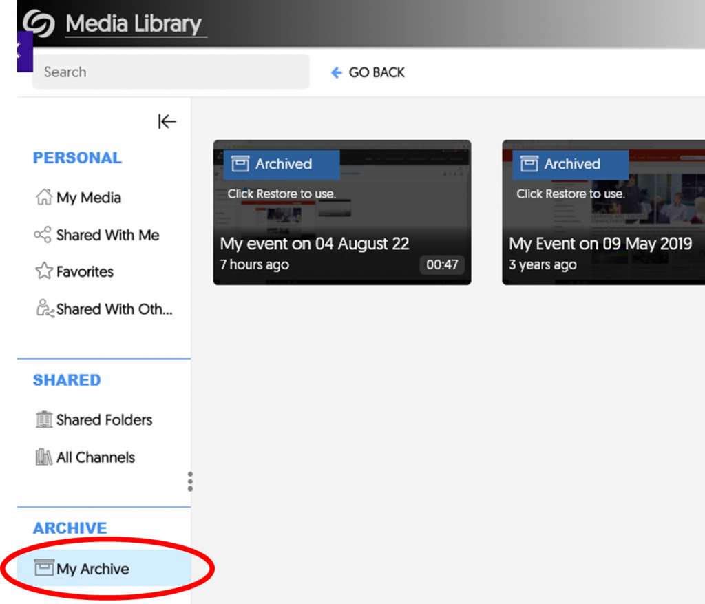 Showing archived content in My Archive area via left-hand navigation bar