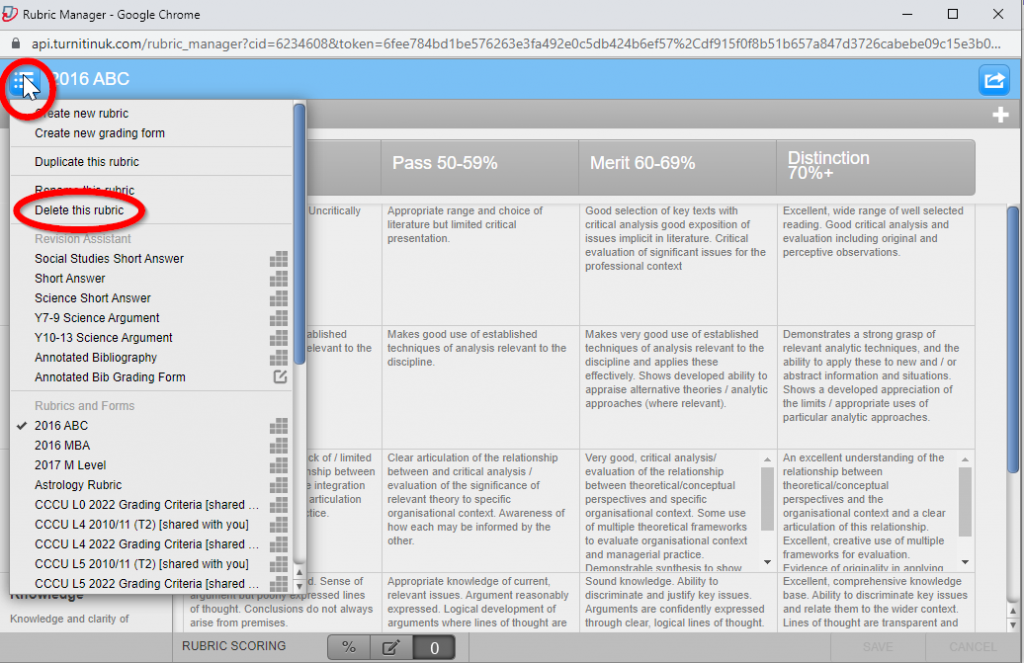 screen image showing the delete this rubric option available from the rubric manager