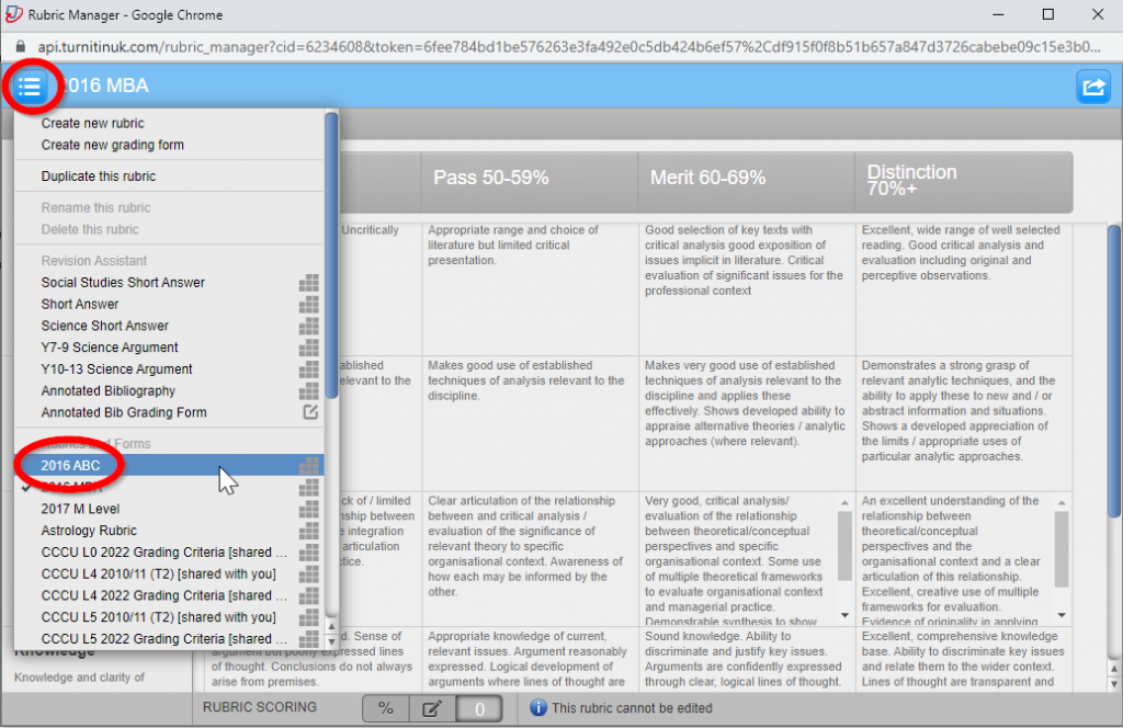 screen image of the rubric manager window displaying the menu drop-down