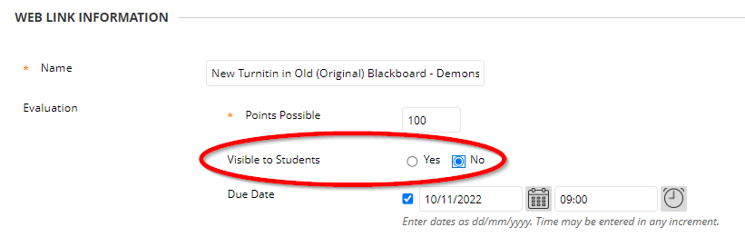 screen image highlighting the visibility to students check which needs to be set to no