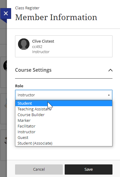 screen image showing the options available in the role drop-down field in the edit member information panel