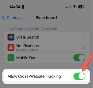 The Allow Cross-Website Tracking option highlighted.  The image shows this setting in the on mode.