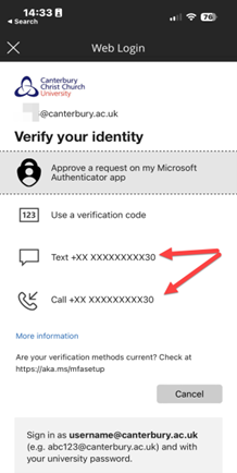 The Microsoft web verification page with alternate options indicated.  An arrow points to the Text and call options.
