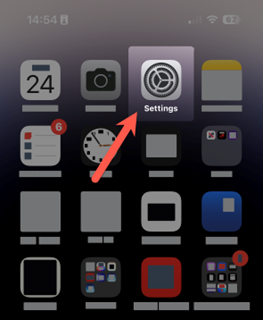 The iPhone springboard Home Screen showing the settings app highlighted by an arrow.