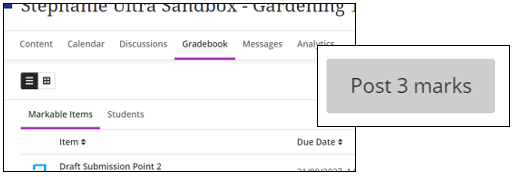 screen image showing Blackboard's gradebook view with the Post Marks emphasised.