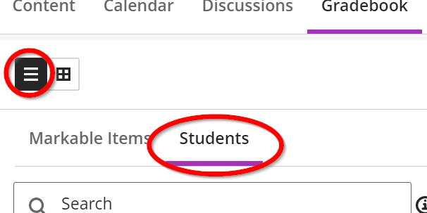 screen image showing the list and students option in gradebook